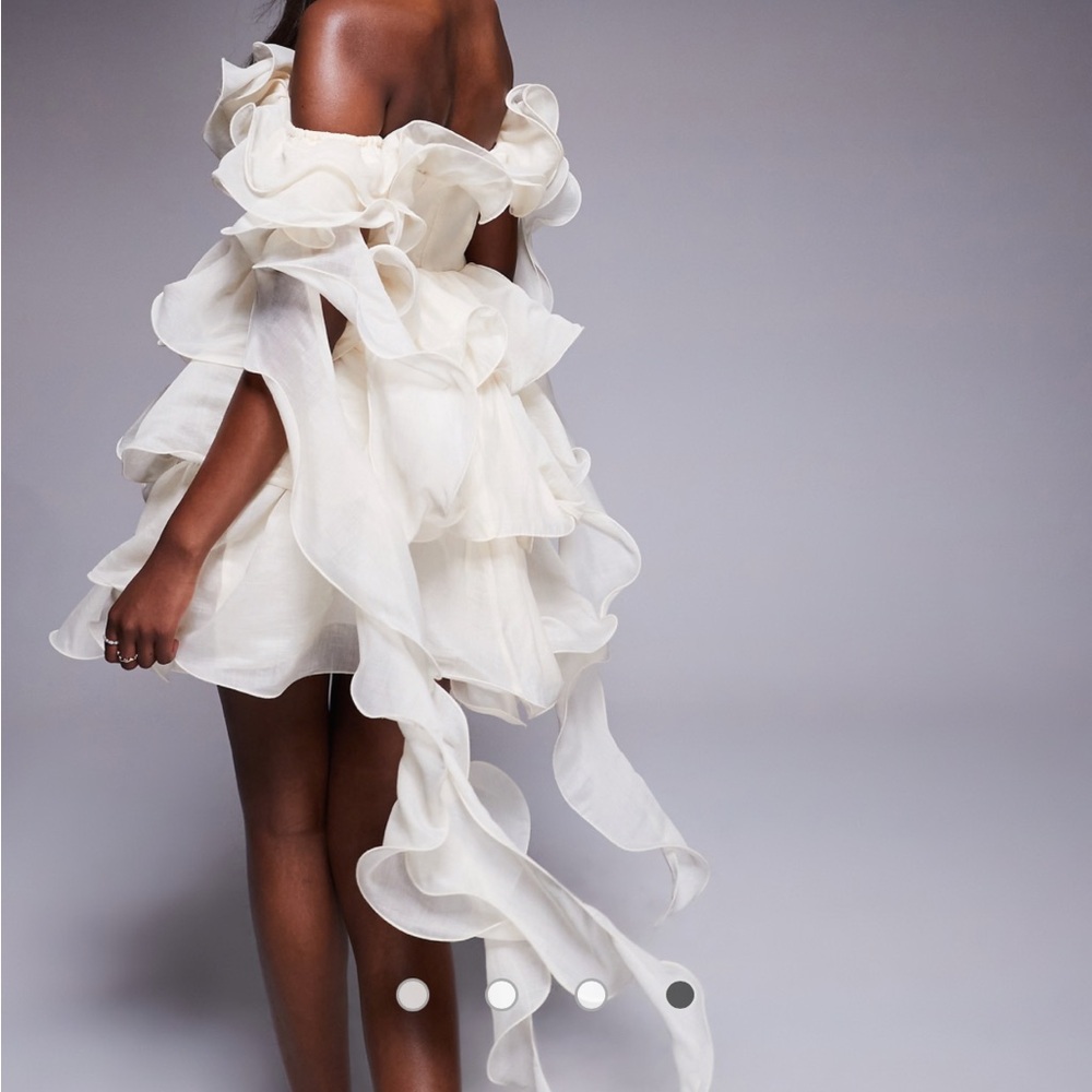 ASOS LUXE textured organza wired ruffle off the shoulder mini dress in cream - Picture 4 of 4